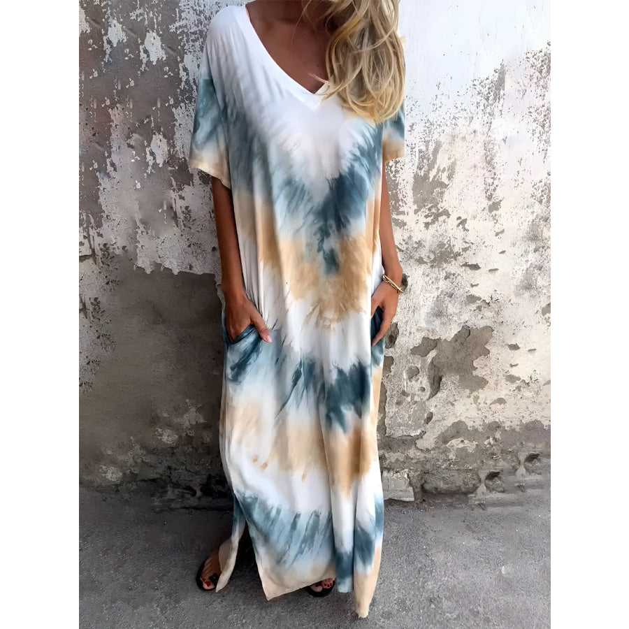 Full Size Pocketed Tie-Dye Short Sleeve Dress Pastel Yellow / S Apparel and Accessories