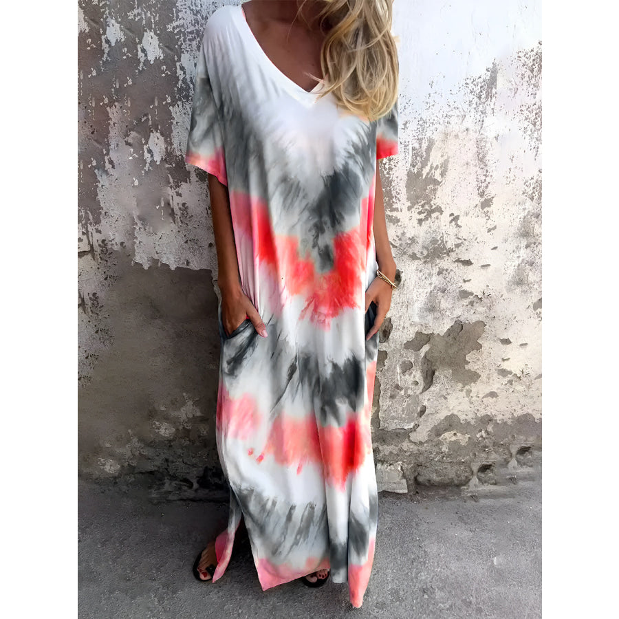 Full Size Pocketed Tie-Dye Short Sleeve Dress Strawberry / S Apparel and Accessories