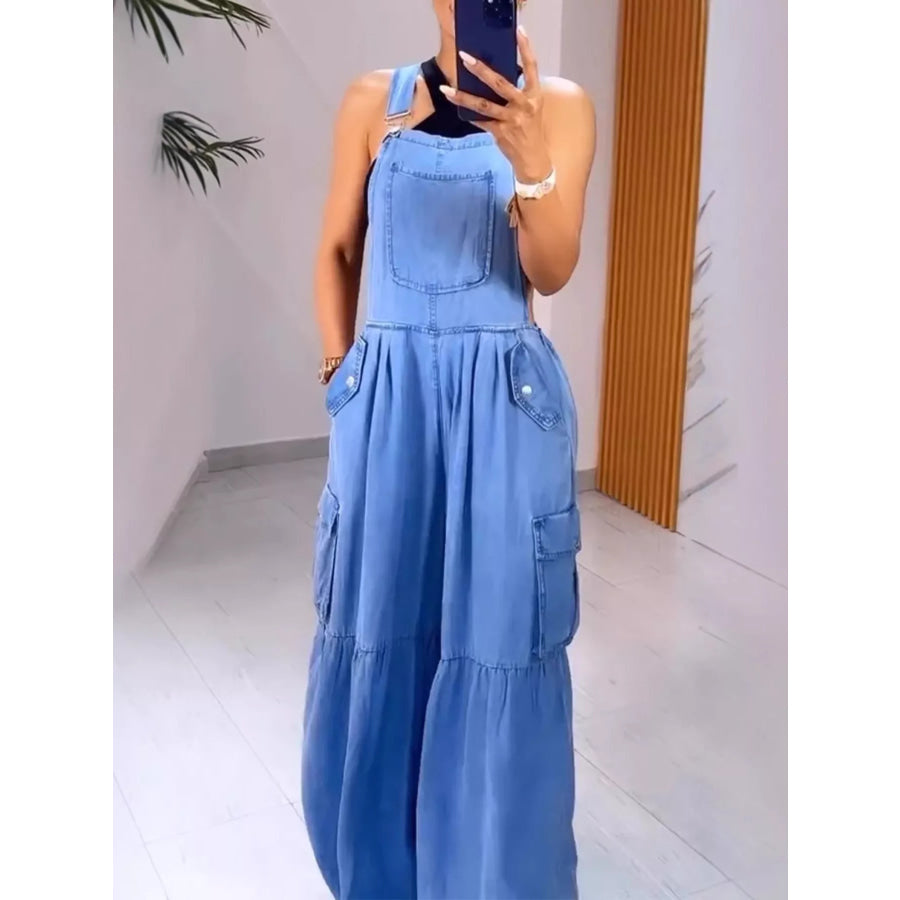 Full Size Pocketed Wide Leg Denim Overalls Plus Size Blue / S Apparel and Accessories