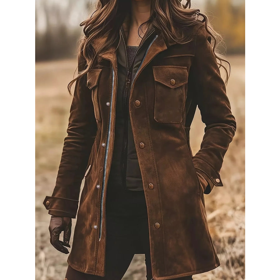 Full Size Pockets Front Long Sleeve Jacket Plus Apparel and Accessories