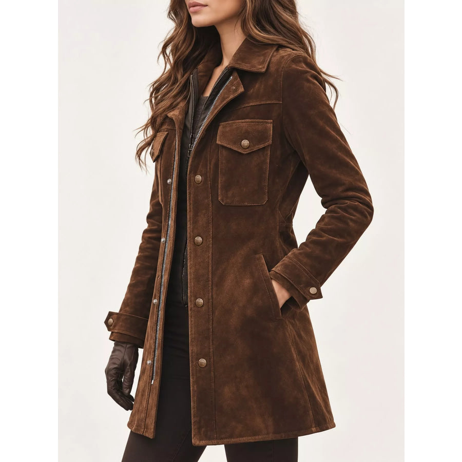 Full Size Pockets Front Long Sleeve Jacket Plus Dark Brown / S Apparel and Accessories