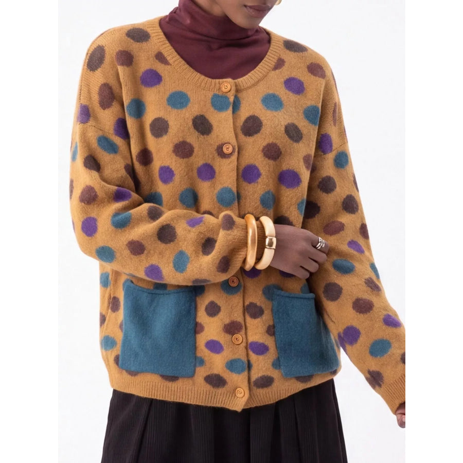Full Size Polka Dot Button Down Cardigan Plus Apparel and Accessories