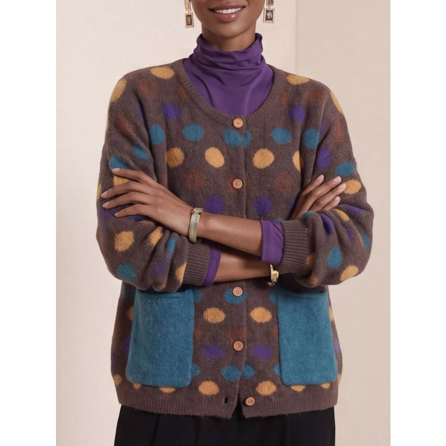 Full Size Polka Dot Button Down Cardigan Plus Apparel and Accessories