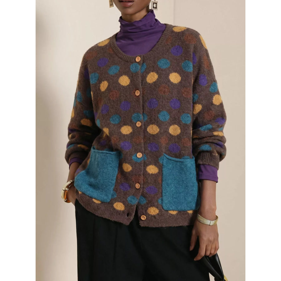 Full Size Polka Dot Button Down Cardigan Plus Coffee Brown / S Apparel and Accessories