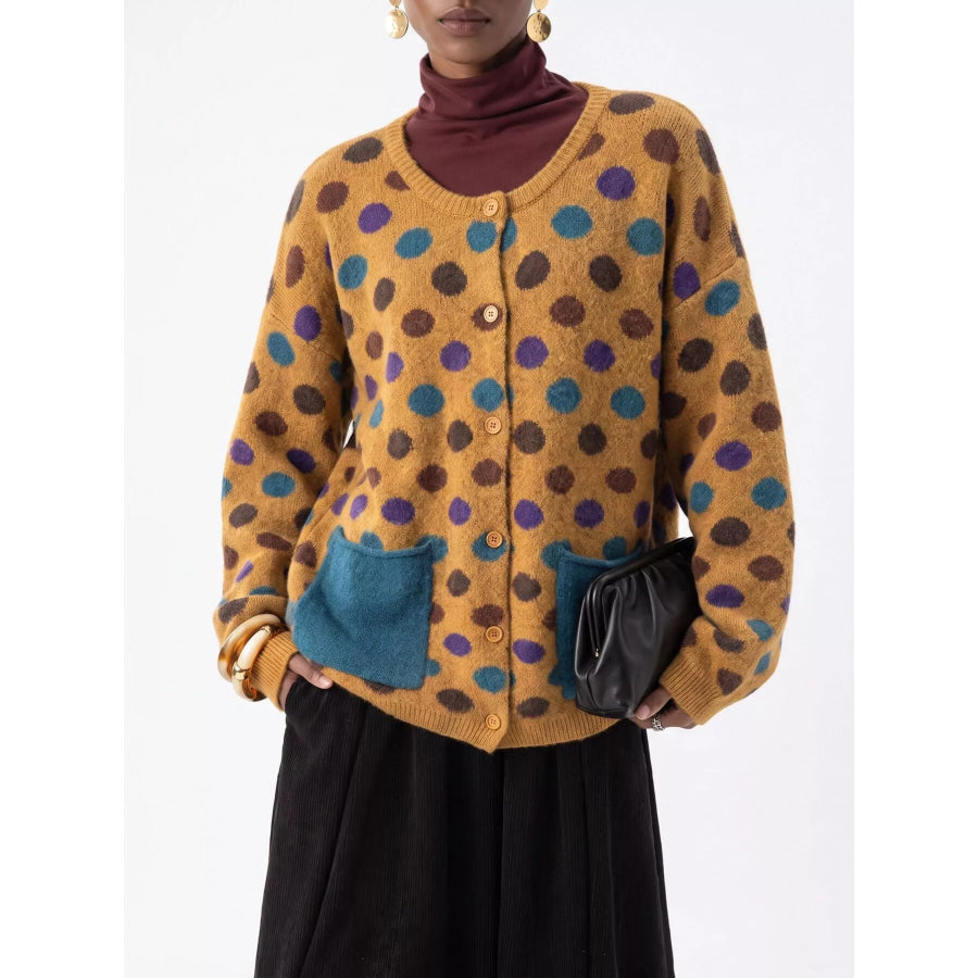 Full Size Polka Dot Button Down Cardigan Plus Mustard / S Apparel and Accessories