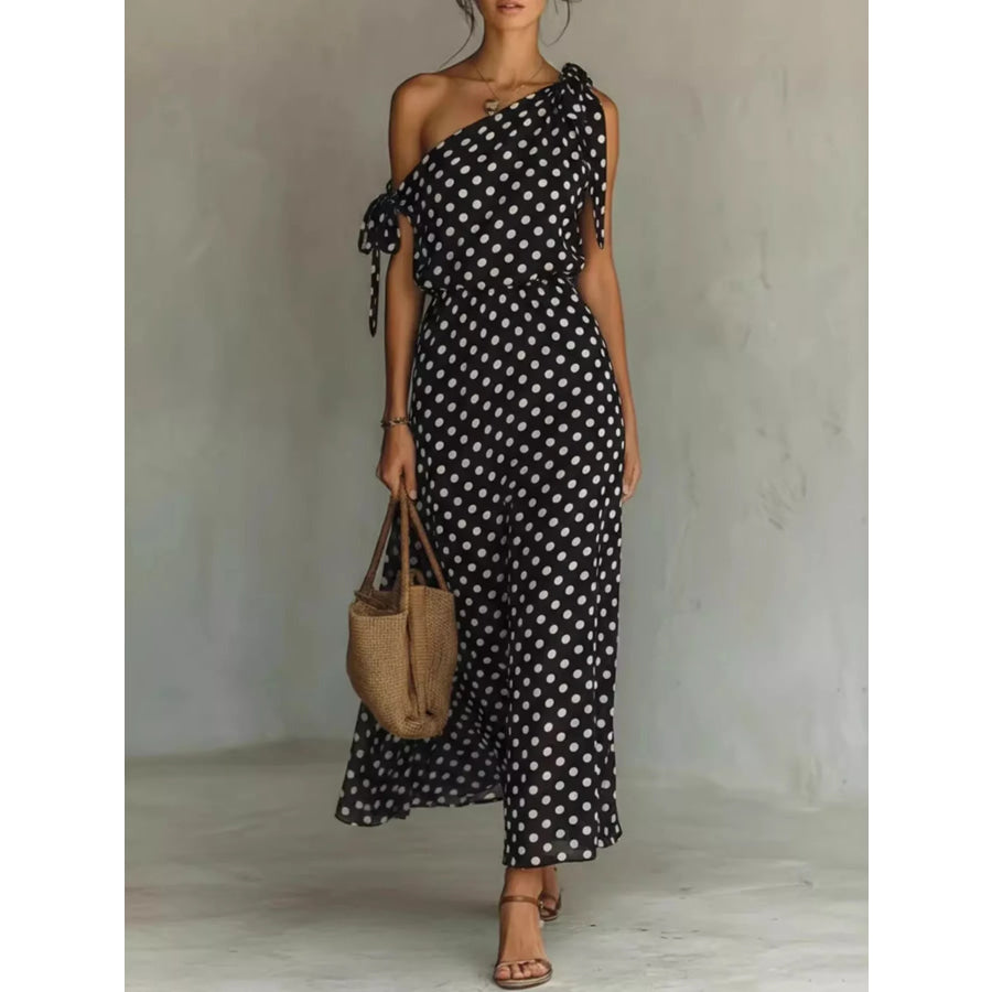 Full Size Polka Dot One-Shoulder Maxi Dress Plus Black / S Apparel and Accessories