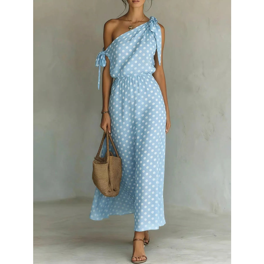 Full Size Polka Dot One-Shoulder Maxi Dress Plus Blue / S Apparel and Accessories