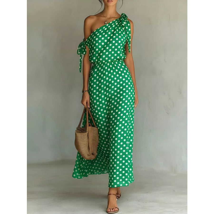Full Size Polka Dot One-Shoulder Maxi Dress Plus Green / S Apparel and Accessories
