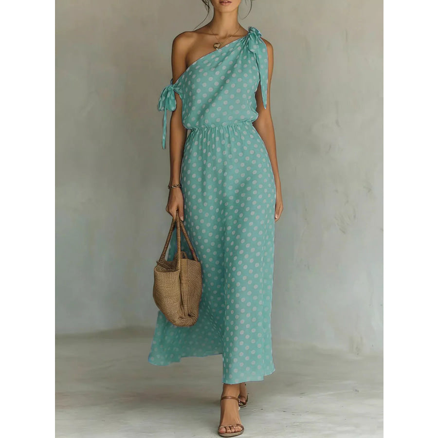 Full Size Polka Dot One-Shoulder Maxi Dress Plus Teal / S Apparel and Accessories