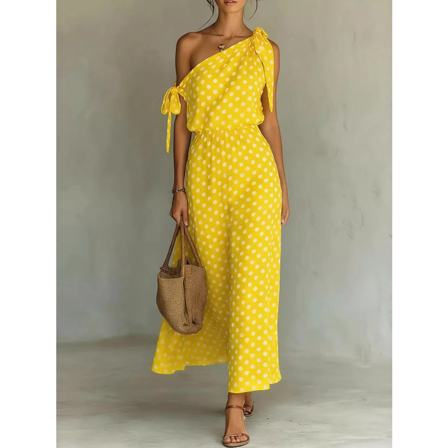 Full Size Polka Dot One-Shoulder Maxi Dress Plus Yellow / S Apparel and Accessories