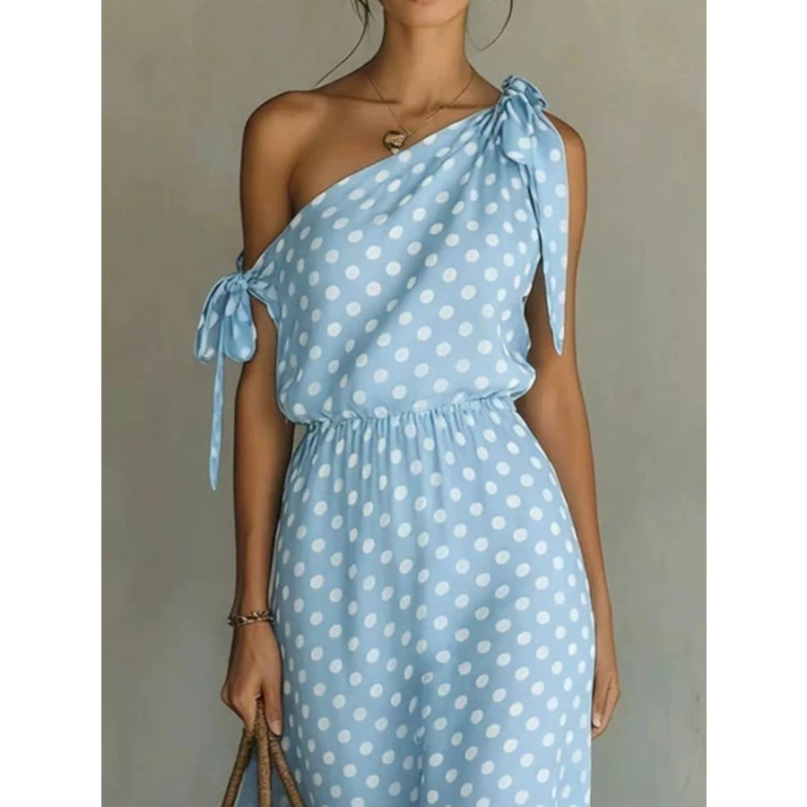 Full Size Polka Dot One-Shoulder Maxi Dress with Tie Details Plus Size Apparel and Accessories