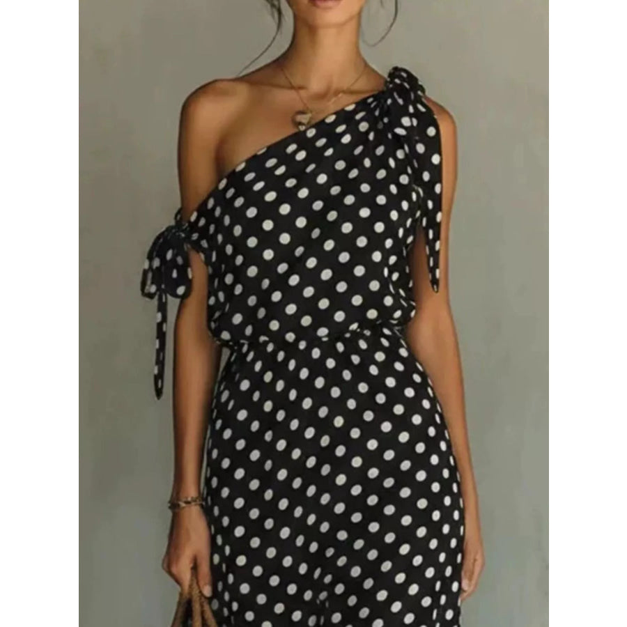 Full Size Polka Dot One-Shoulder Maxi Dress with Tie Details Plus Size Apparel and Accessories