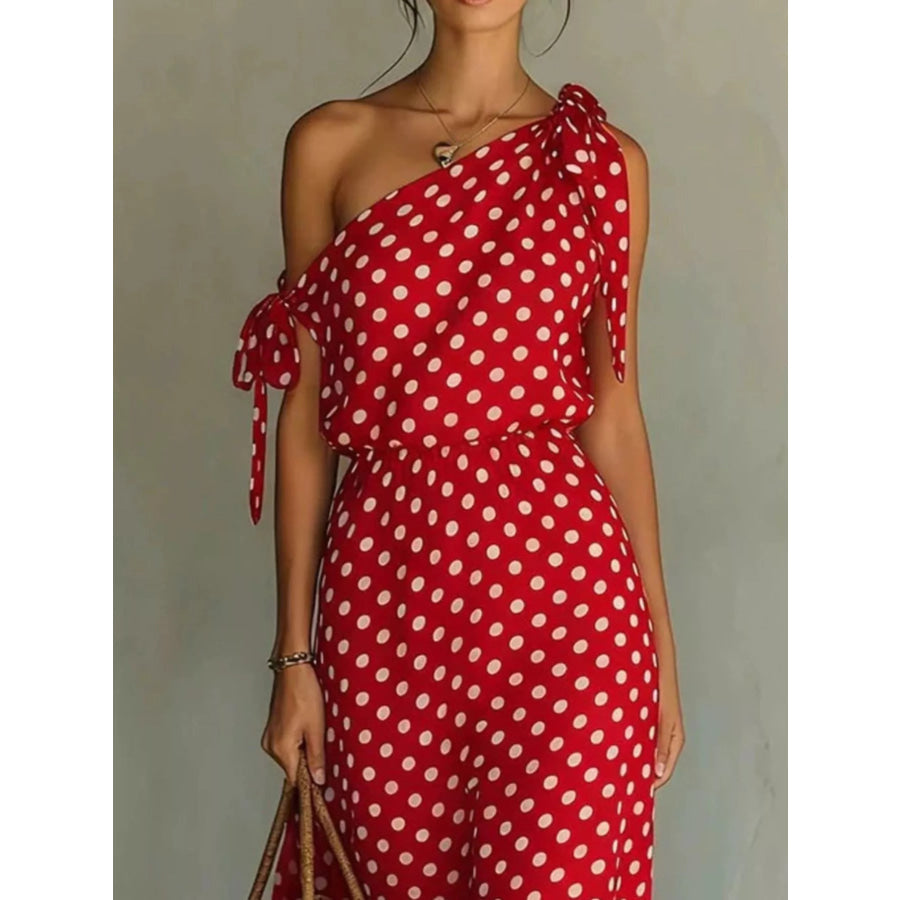 Full Size Polka Dot One-Shoulder Maxi Dress with Tie Details Plus Size Apparel and Accessories
