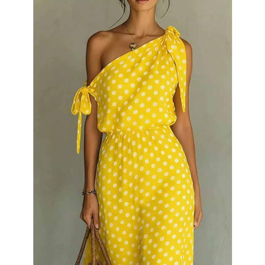 Full Size Polka Dot One-Shoulder Maxi Dress with Tie Details Plus Size Apparel and Accessories