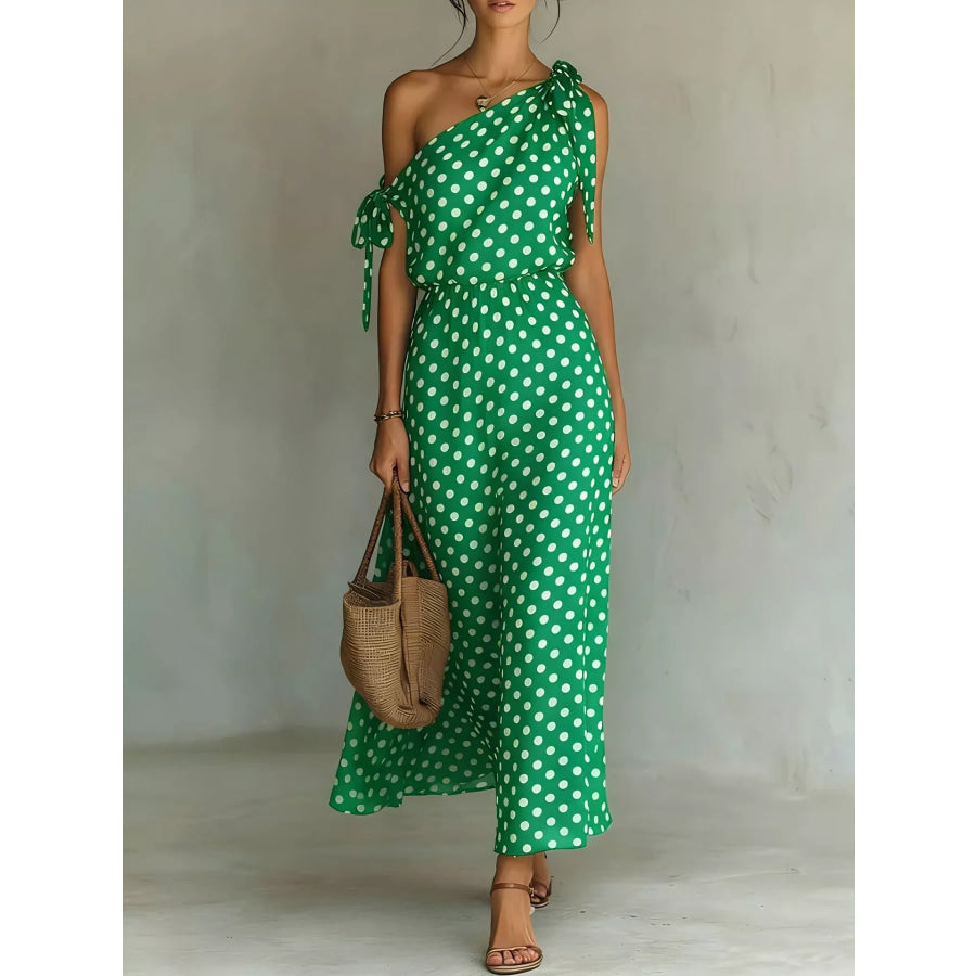 Full Size Polka Dot One-Shoulder Maxi Dress with Tie Details Plus Size Green / S Apparel and Accessories