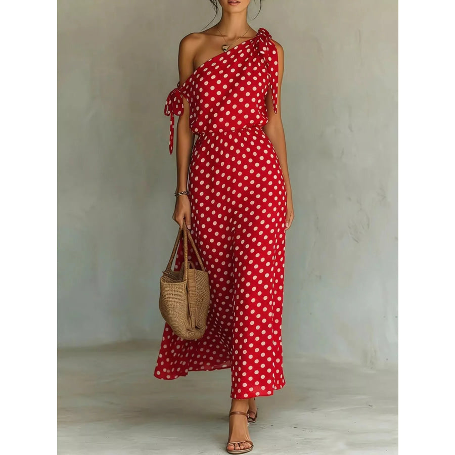 Full Size Polka Dot One-Shoulder Maxi Dress with Tie Details Plus Size Red / S Apparel and Accessories