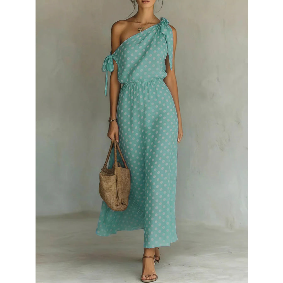 Full Size Polka Dot One-Shoulder Maxi Dress with Tie Details Plus Size Sage / S Apparel and Accessories