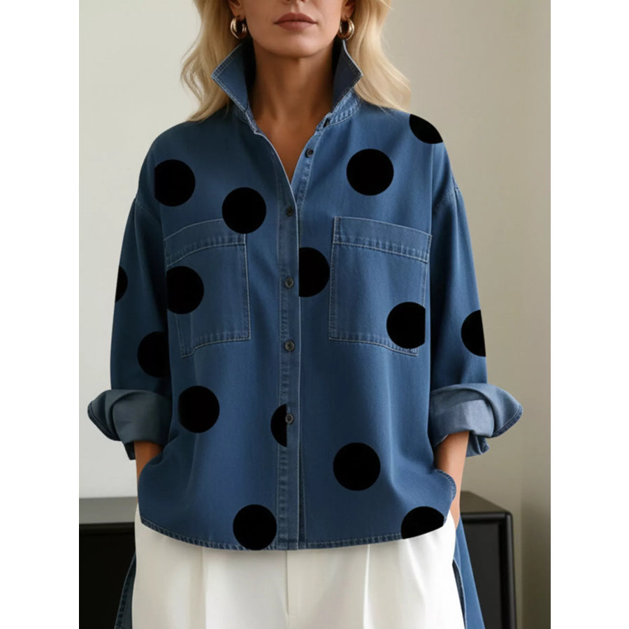 Full Size Polka Dot Oversized Denim Look Shirt Plus Size Navy / S Apparel and Accessories