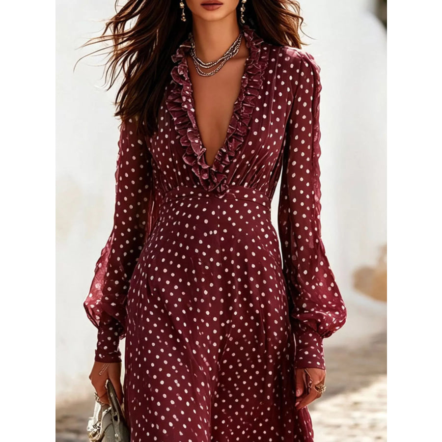 Full Size Polka Dot Ruffle V-Neck Maxi Dress Plus Size Apparel and Accessories
