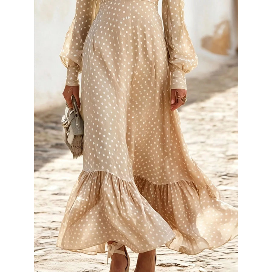 Full Size Polka Dot Ruffle V-Neck Maxi Dress Plus Size Apparel and Accessories