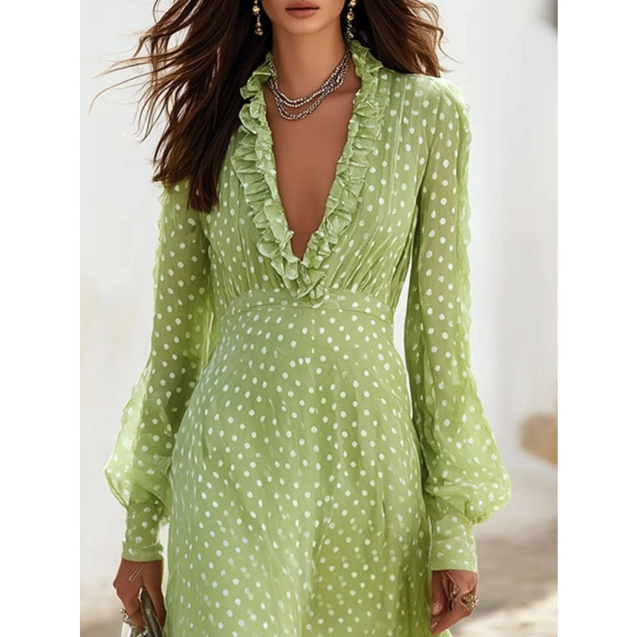 Full Size Polka Dot Ruffle V-Neck Maxi Dress Plus Size Apparel and Accessories