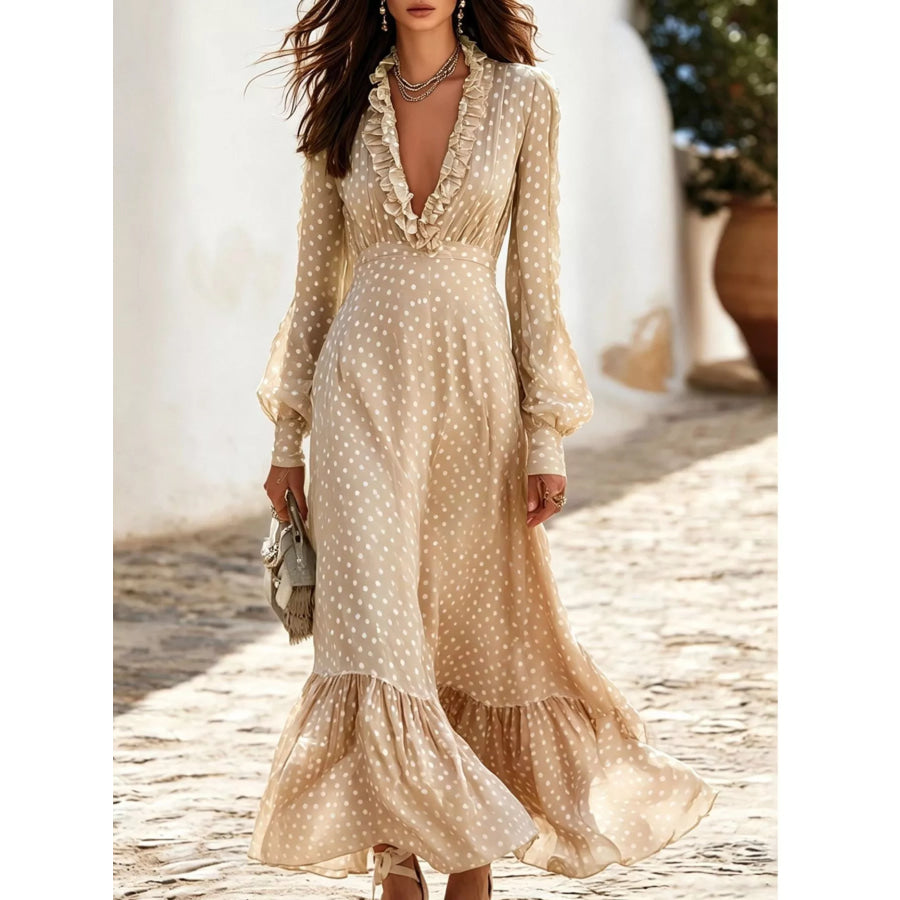 Full Size Polka Dot Ruffle V-Neck Maxi Dress Plus Size Apparel and Accessories