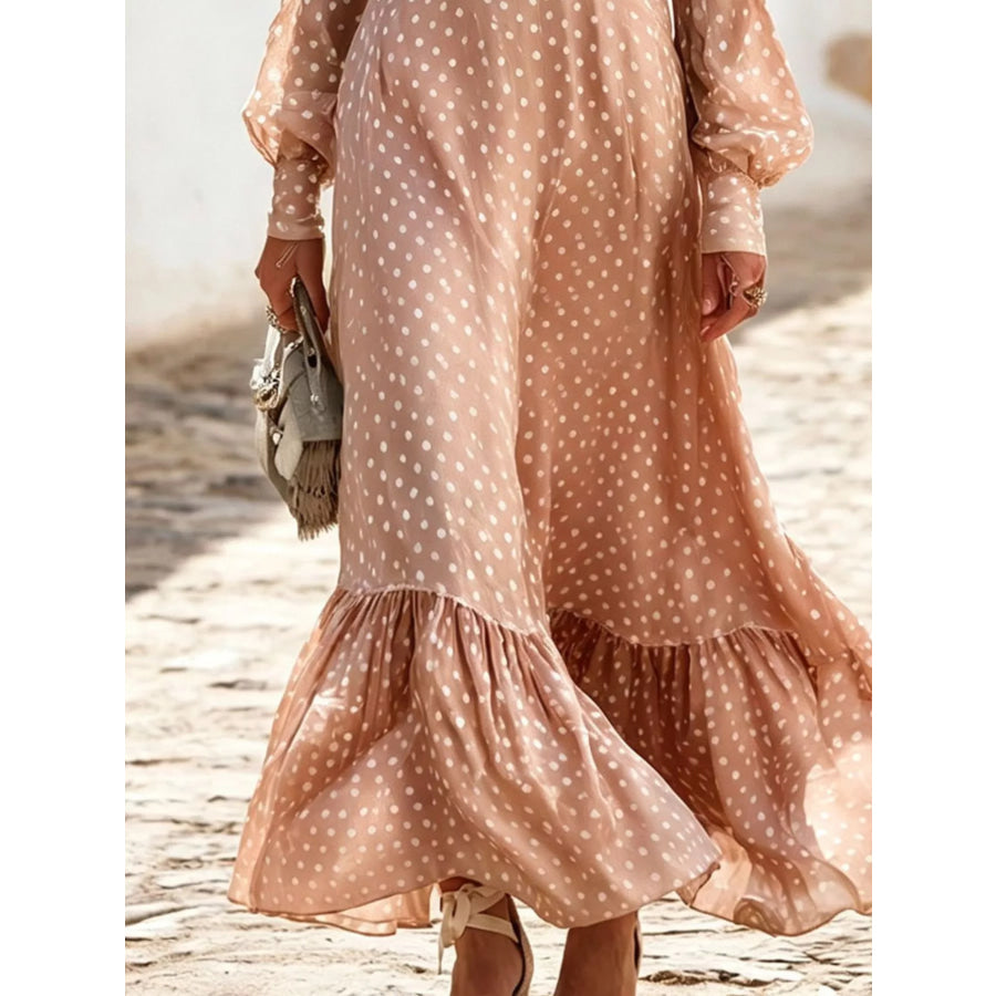 Full Size Polka Dot Ruffle V-Neck Maxi Dress Plus Size Apparel and Accessories