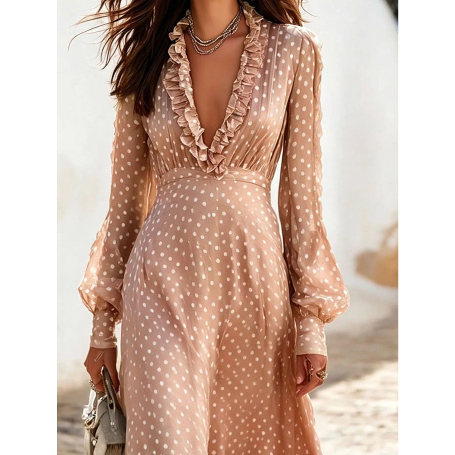 Full Size Polka Dot Ruffle V-Neck Maxi Dress Plus Size Apparel and Accessories