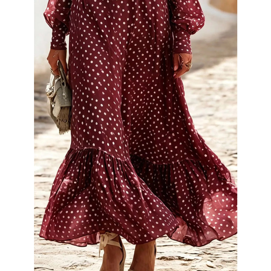 Full Size Polka Dot Ruffle V-Neck Maxi Dress Plus Size Apparel and Accessories
