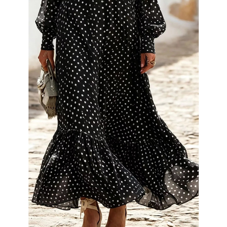 Full Size Polka Dot Ruffle V-Neck Maxi Dress Plus Size Apparel and Accessories