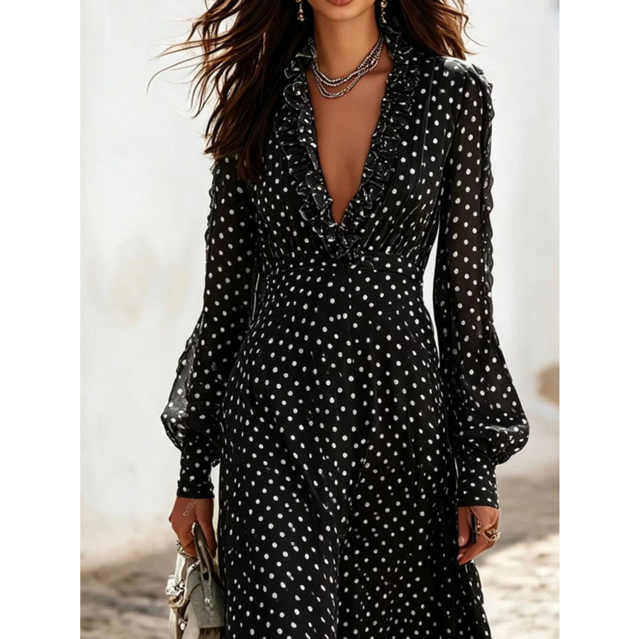 Full Size Polka Dot Ruffle V-Neck Maxi Dress Plus Size Apparel and Accessories