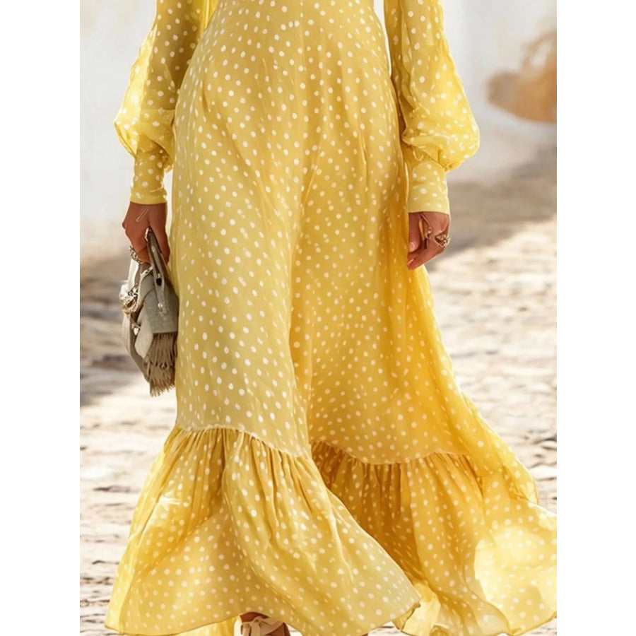 Full Size Polka Dot Ruffle V-Neck Maxi Dress Plus Size Apparel and Accessories