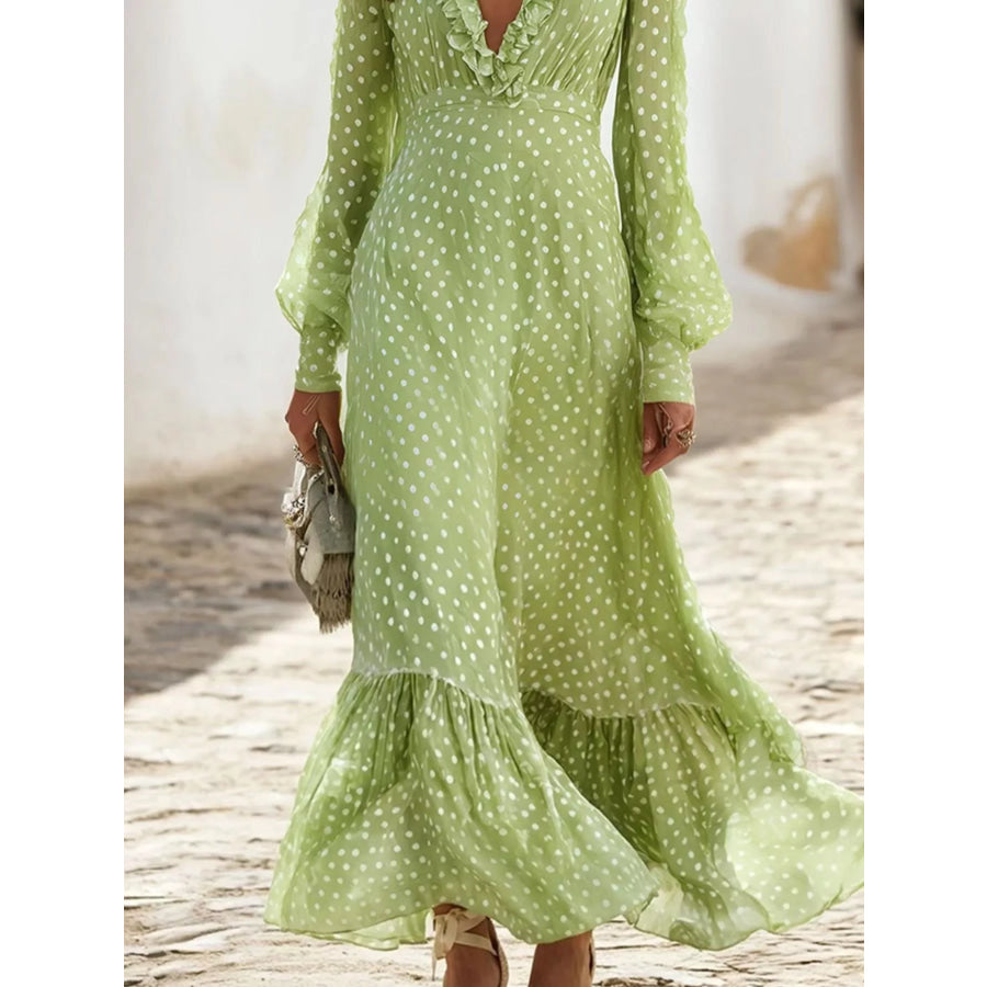 Full Size Polka Dot Ruffle V-Neck Maxi Dress Plus Size Apparel and Accessories