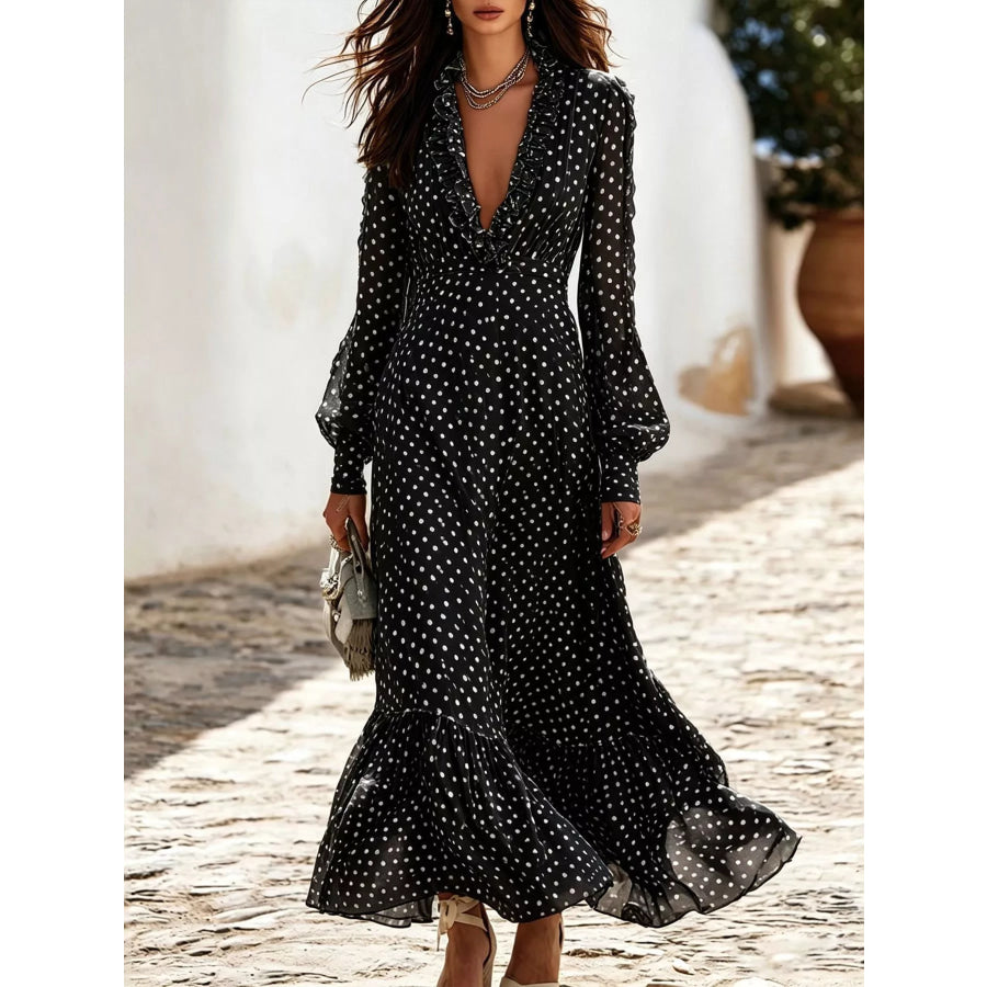 Full Size Polka Dot Ruffle V-Neck Maxi Dress Plus Size Black / S Apparel and Accessories