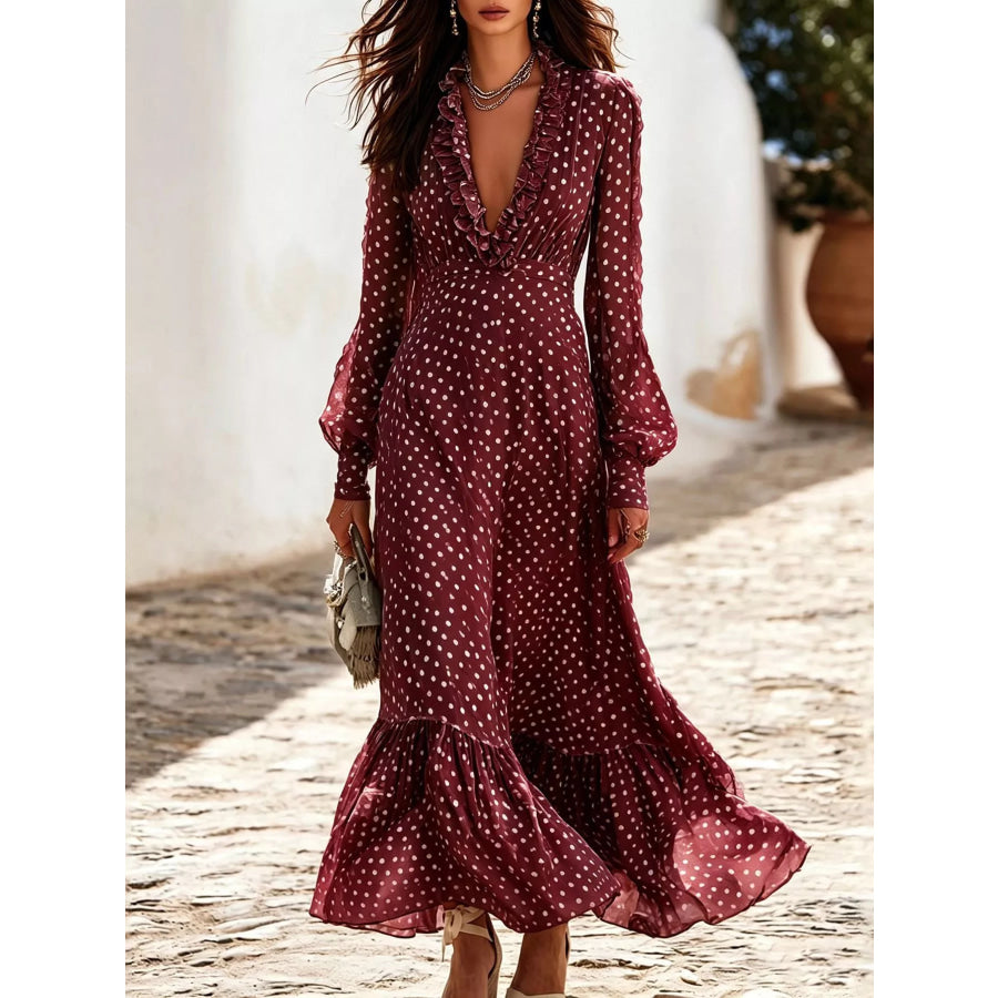 Full Size Polka Dot Ruffle V-Neck Maxi Dress Plus Size Burgundy / S Apparel and Accessories