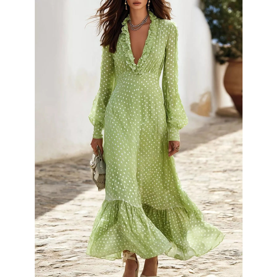Full Size Polka Dot Ruffle V-Neck Maxi Dress Plus Size Light Green / S Apparel and Accessories