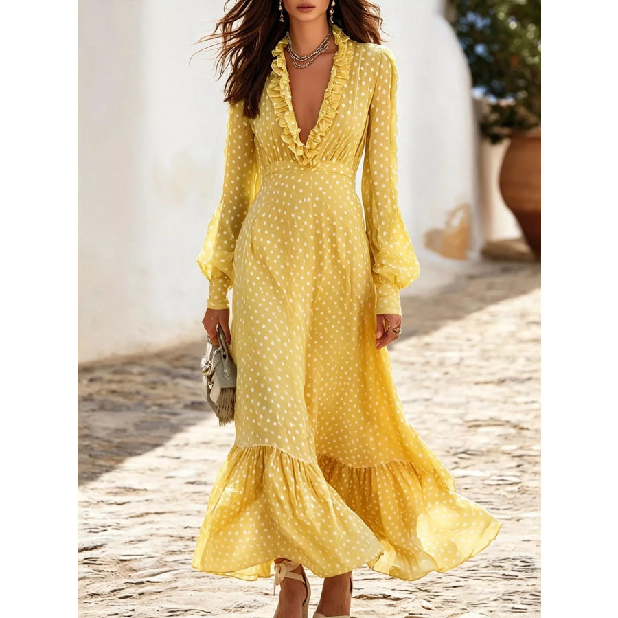 Full Size Polka Dot Ruffle V-Neck Maxi Dress Plus Size Pastel Yellow / S Apparel and Accessories