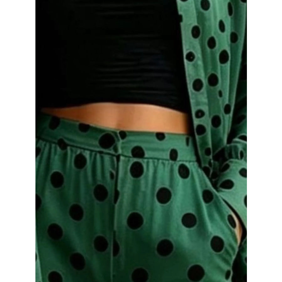 Full Size Polka Dot Shirt and Wide-Leg Pants Set Plus Size Apparel and Accessories