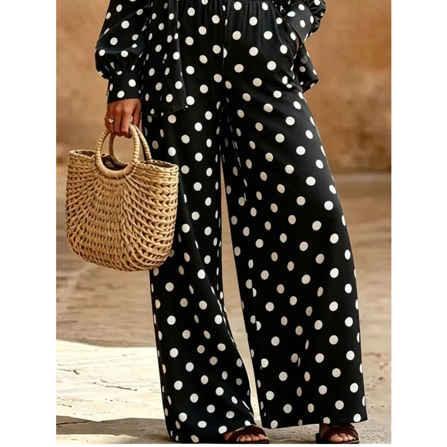 Full Size Polka Dot Shirt and Wide-Leg Pants Set Plus Size Apparel and Accessories