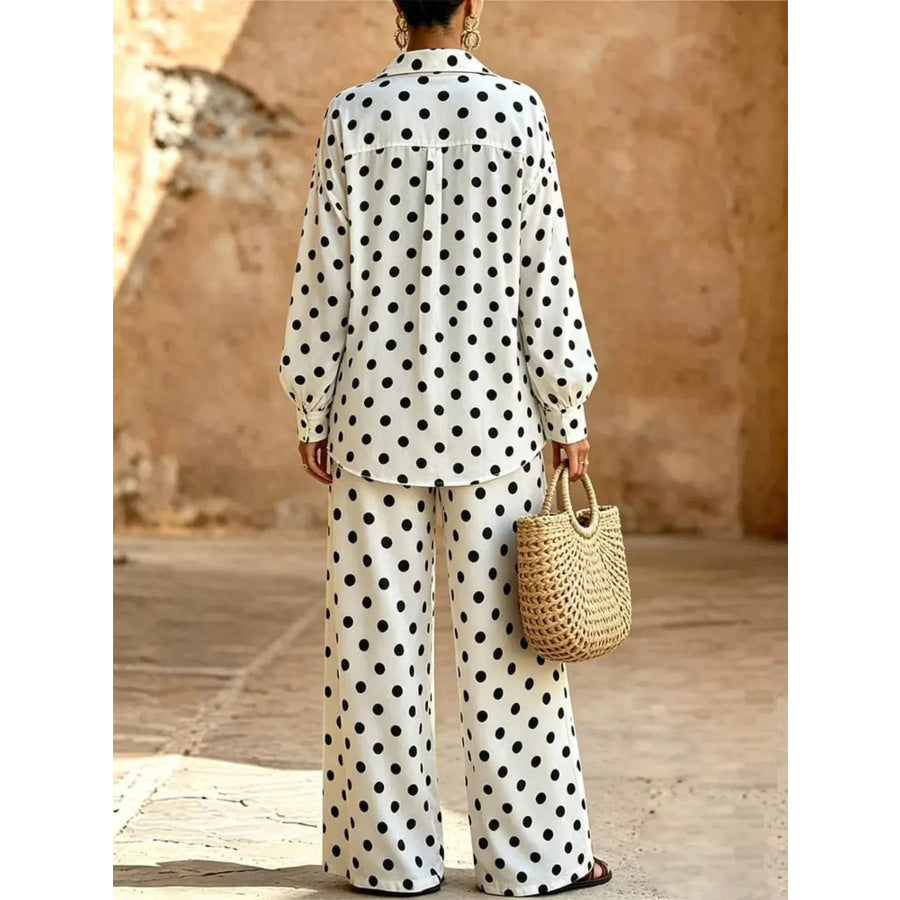 Full Size Polka Dot Shirt and Wide-Leg Pants Set Plus Size Apparel and Accessories