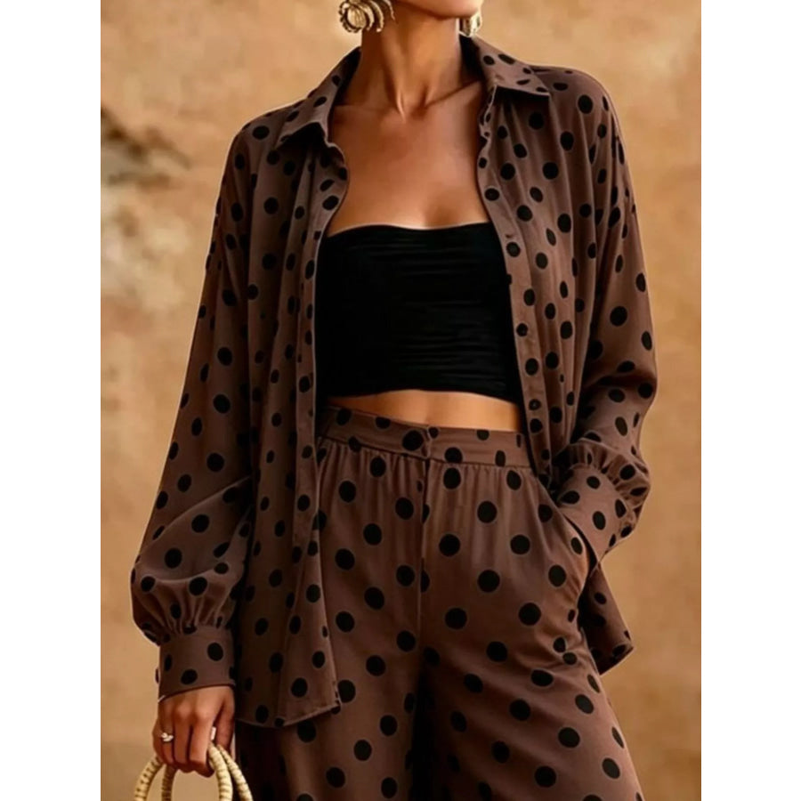Full Size Polka Dot Shirt and Wide-Leg Pants Set Plus Size Apparel and Accessories