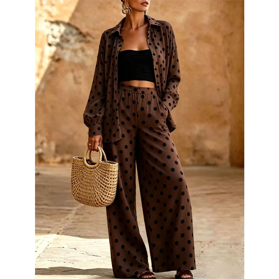 Full Size Polka Dot Shirt and Wide-Leg Pants Set Plus Size Brown / S Apparel and Accessories