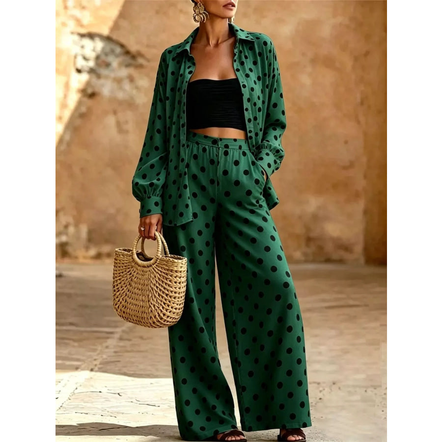 Full Size Polka Dot Shirt and Wide-Leg Pants Set Plus Size Green / S Apparel and Accessories