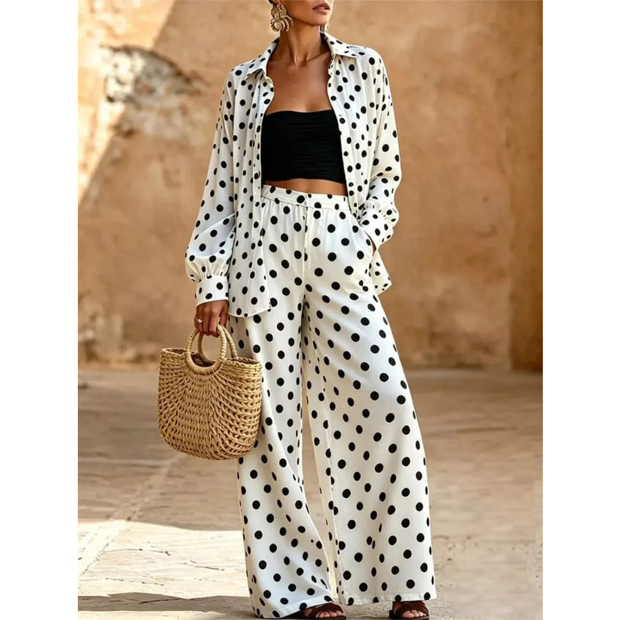 Full Size Polka Dot Shirt and Wide-Leg Pants Set Plus Size White / S Apparel and Accessories