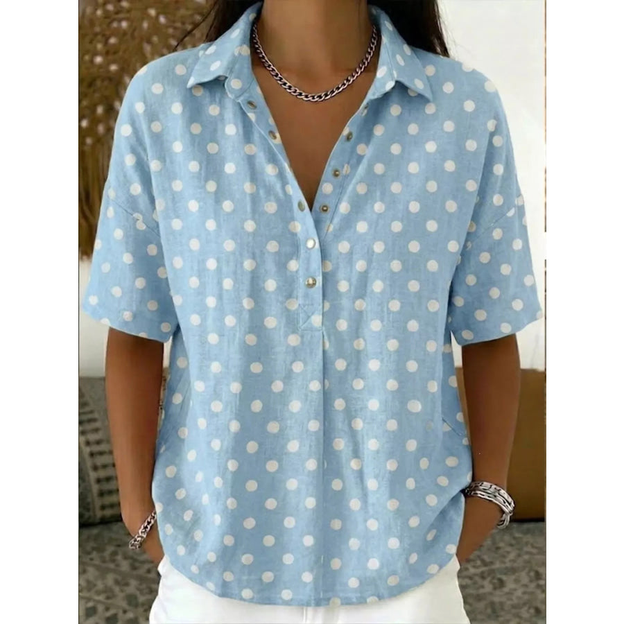 Full Size Polka Dot Short Sleeve Shirt Plus Size Light Blue / S Apparel and Accessories