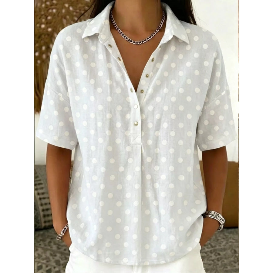 Full Size Polka Dot Short Sleeve Shirt Plus Size Light Gray / S Apparel and Accessories