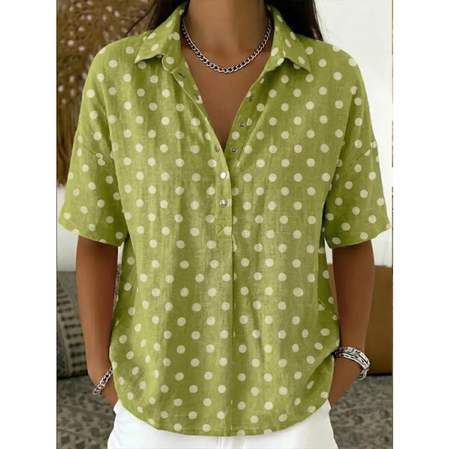 Full Size Polka Dot Short Sleeve Shirt Plus Size Matcha Color / S Apparel and Accessories