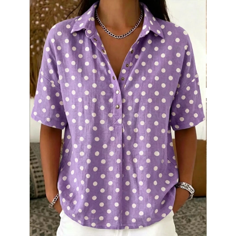 Full Size Polka Dot Short Sleeve Shirt Plus Size Purple / S Apparel and Accessories