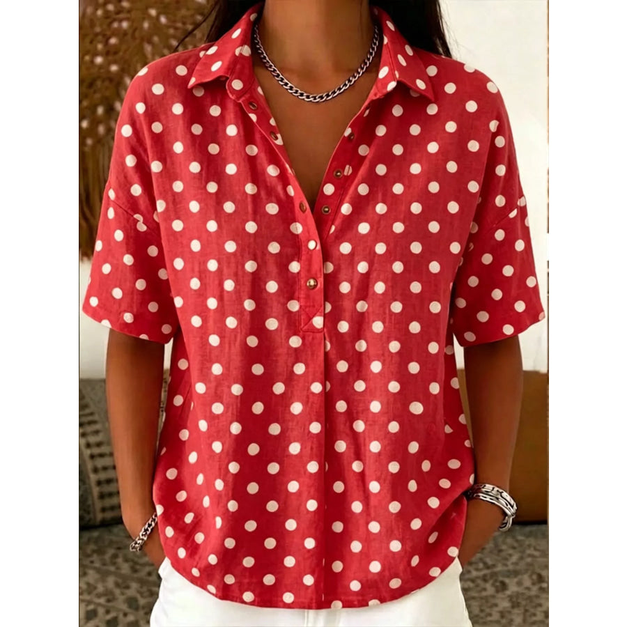 Full Size Polka Dot Short Sleeve Shirt Plus Size Red / S Apparel and Accessories