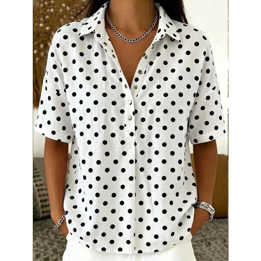 Full Size Polka Dot Short Sleeve Shirt Plus Size White / S Apparel and Accessories